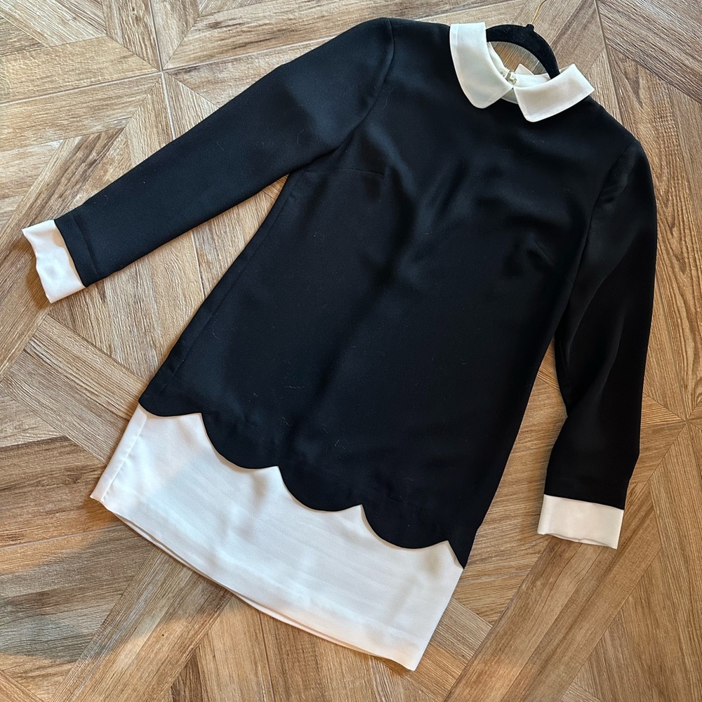 Cece Black & White Long Sleeve Shift Dress Pan Collar Scalloped